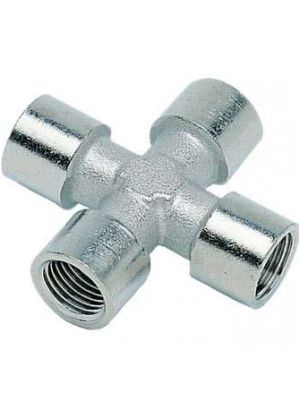 Kreuz-Verbinder, 4x Innengewinde, Messing vernickelt