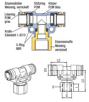 T-Steckanschlussverbinder Push-In, O.D. Schlauch 4 mm, Innengewinde G 1/8