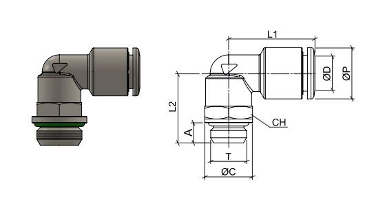 Schwenkbares männliches L-Verbinder mit BSPP , O.D. Schlauch 4 mm, Außengewinde M5x0,8