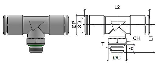 T-Steckanschlussverbinder aus Edelstahl AISI 316L mit BSPT-Aussengewinde, O.D. Schlauch 4 mm, Aussengewinde M5x0,8