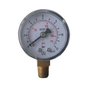 Schlagfestes, ungefülltes Manometer für die Industrie mit ABS-Gehäuse, Feder und Nabe aus Messing, Bodenanschluss, BSPT-Gewinde gemäß Richtlinie EN 837-1 / 7,3