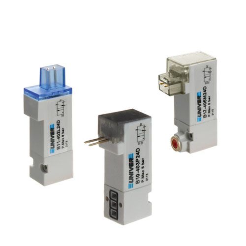 Univer - Serie B12 Pilot-/ Nanoventile 10 mm - hoher Durchfluss - ISO 15218, monostabil, 3/2 NC Ø 1,3 mm (0,6 W), Handbetätigung, PIN Seite Schnittstelle, 24V DC