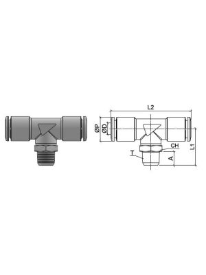 T-Steckanschlussverbinder aus Edelstahl AISI 316L mit BSPT-Aussengewinde